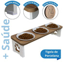 Comedouro Triplo Elevado Premium em MDF com Tigelas Inox/Porcelana –Meu Pet