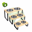 Suporte Duplo Elevado com Potes Inox para Cachorro e Gato – Base em Madeira Envernizada e Pés de Aço