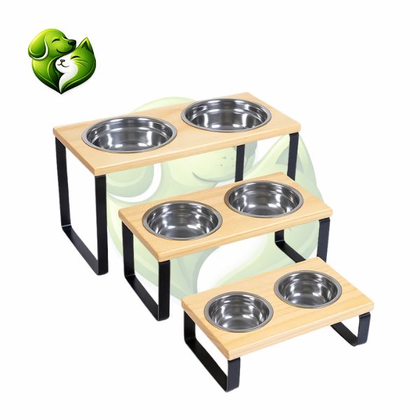 Suporte Duplo Elevado com Potes Inox para Cachorro e Gato – Base em Madeira Envernizada e Pés de Aço