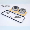 Suporte Duplo Elevado com Potes Inox para Cachorro e Gato – Base em Madeira Envernizada e Pés de Aço