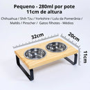 Suporte Duplo Elevado com Potes Inox para Cachorro e Gato – Base em Madeira Envernizada e Pés de Aço