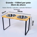 Suporte Duplo Elevado com Potes Inox para Cachorro e Gato – Base em Madeira Envernizada e Pés de Aço